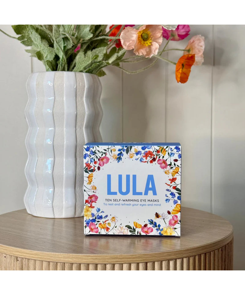 Lula self-warming eye mask mixed pack with 10 soft, comfortable eye masks for relaxation and soothing eye comfort.