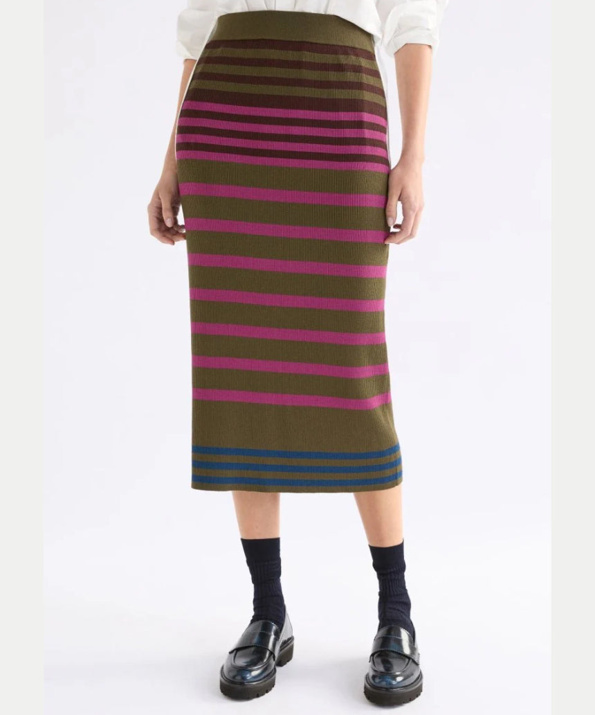 Elk Pinto Knit Skirt in Riga Stripe, featuring a colorful knitted pattern and a comfortable, stylish design.
