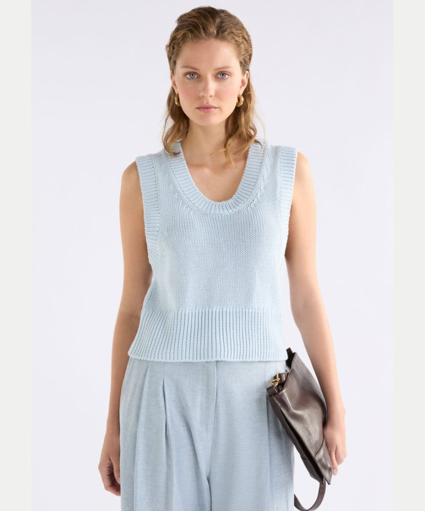Elk Mikkel Vest in Pearl Blue, a stylish sleeveless clothing piece with a smooth fabric finish and a subtle blue hue.