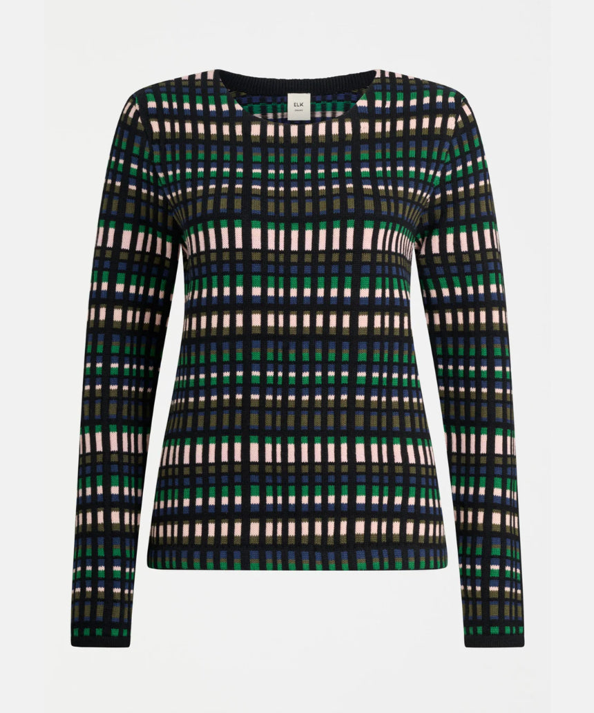 Elk Svea organic knit sweater in a cozy, textured fabric with a classic fit and ribbed cuffs, shown in natural colors.