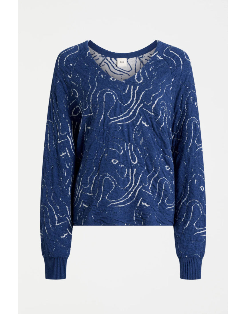 Elk Otillia sweater in blue silver with a cozy knit texture, featuring a relaxed fit and ribbed cuffs.