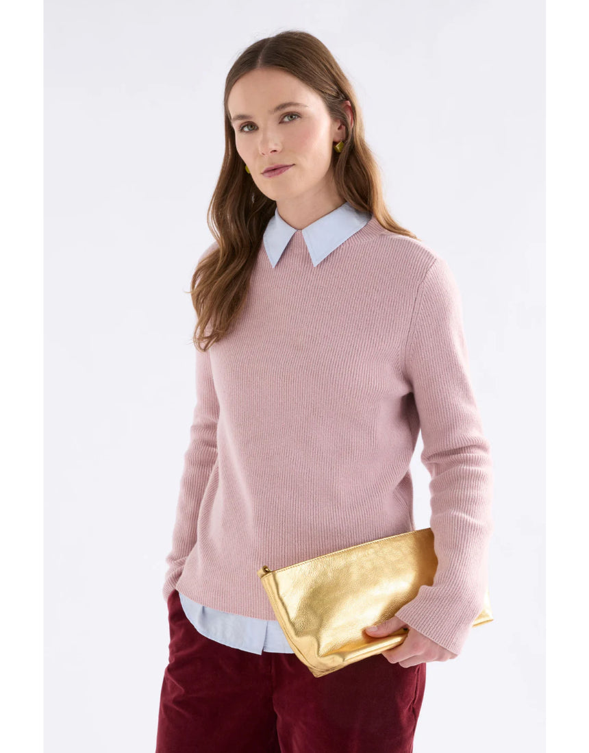 Elk Nevis Merino Sweater in blush color, showcasing soft wool fabric and classic fit on a model.
