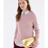 Elk Nevis Merino Sweater in blush color, showcasing soft wool fabric and classic fit on a model.