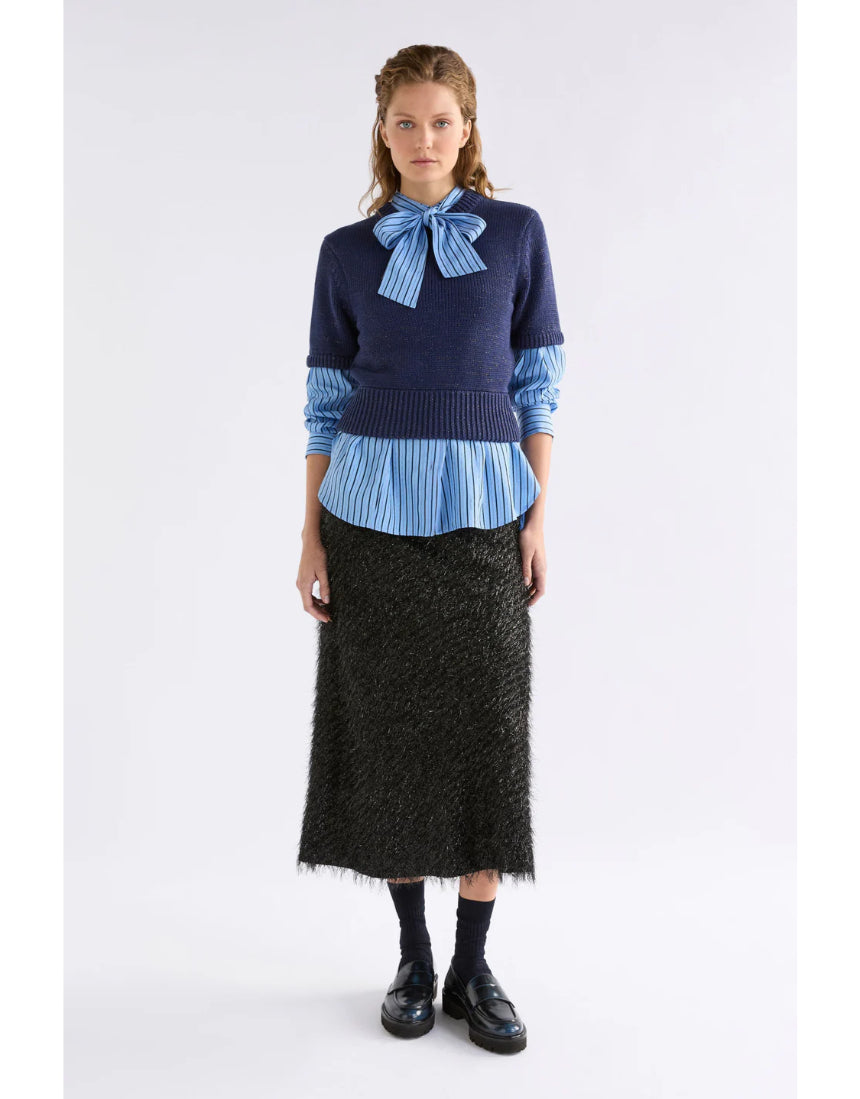 Navy and copper Elk Hedi knit shirt with Luft Lurex detailing, featuring a stylish, lightweight knit fabric for a modern look.
