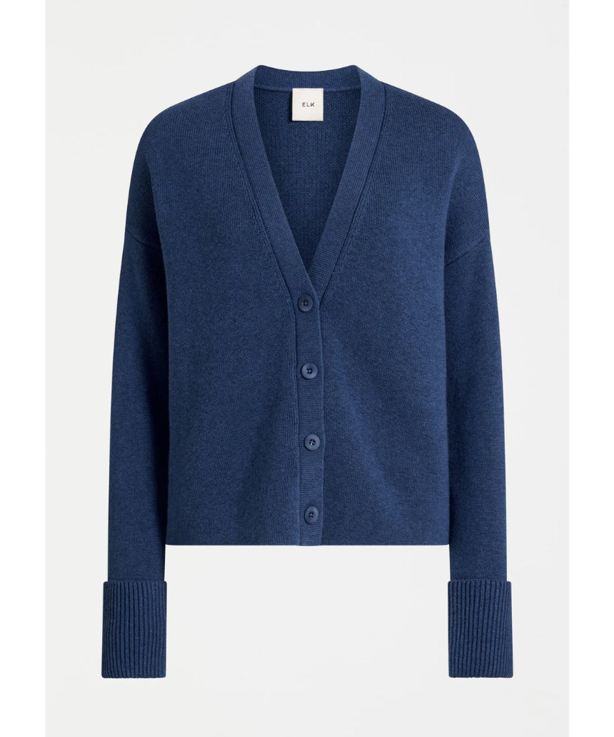 Elk Klee Cardi in Bright Navy, a cozy knitted clothing cardigan with a textured pattern and button closure.