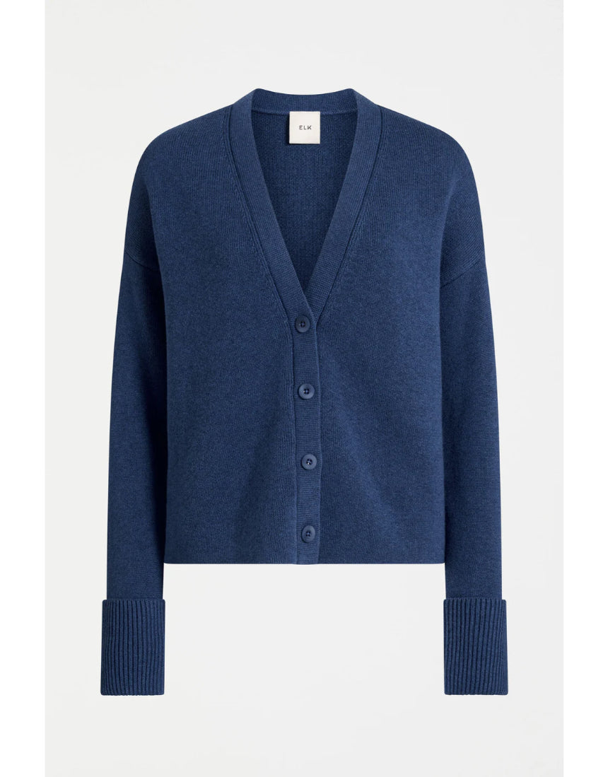 Elk Klee Cardi in Bright Navy, a cozy knitted clothing cardigan with a textured pattern and button closure.