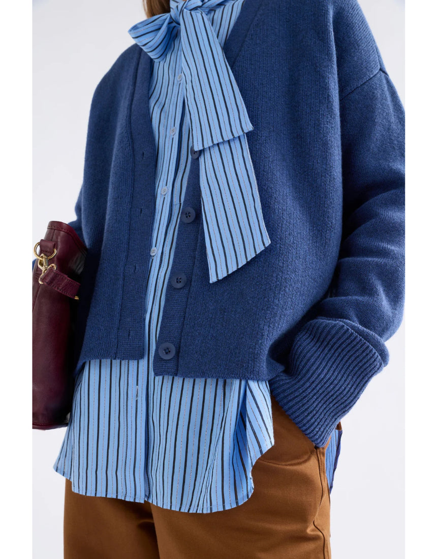 Elk Klee Cardi in bright navy, a stylish knitted clothing item with a textured pattern, perfect for layered winter fashion.