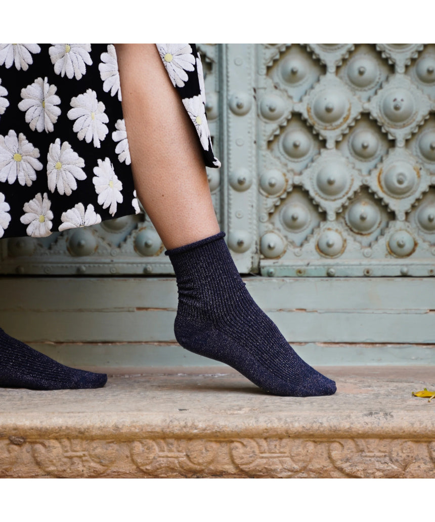 Blue Klue Glitter Lurex Socks with shiny, sparkly fabric and ribbed cuffs, designed for a stylish and comfortable fit.