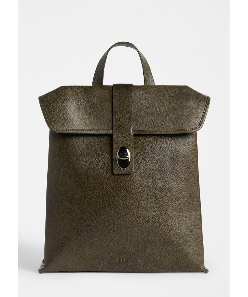 ELK The Label Hyddan backpack in dark olive, featuring a durable fabric and adjustable straps, shown on a plain background.