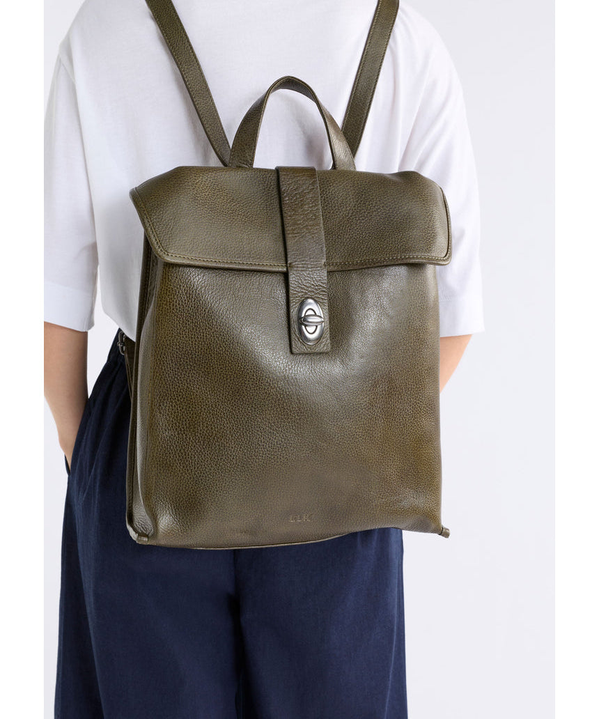 ELK The Label Hyddan backpack in dark olive color with adjustable straps and zippered main compartment.