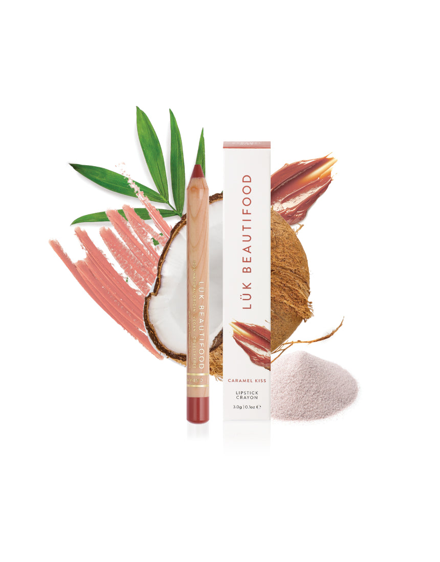 Lük Beautifood Natural Lipstick Crayon in Caramel Kiss with packaging and ingredients visible.