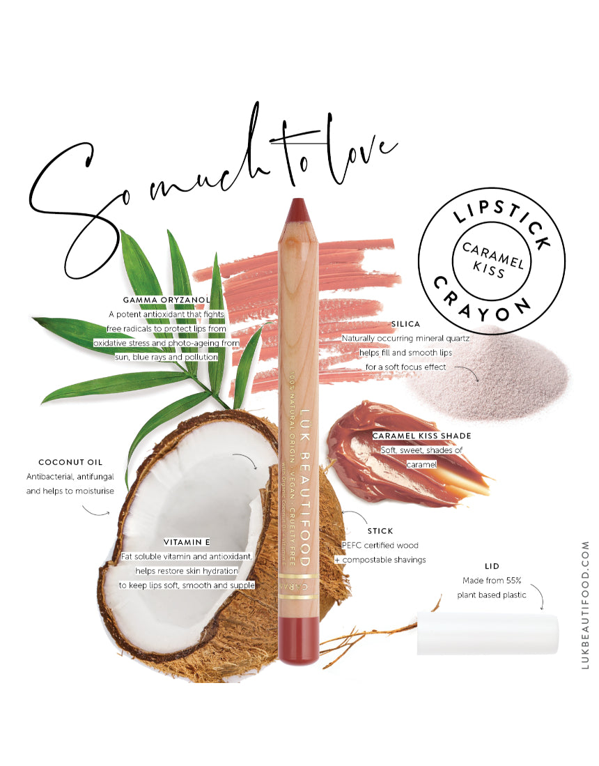Luk Beautifood Natural Lipstick Crayon in Caramel Kiss, showcasing the warm nude lip color and sleek packaging.