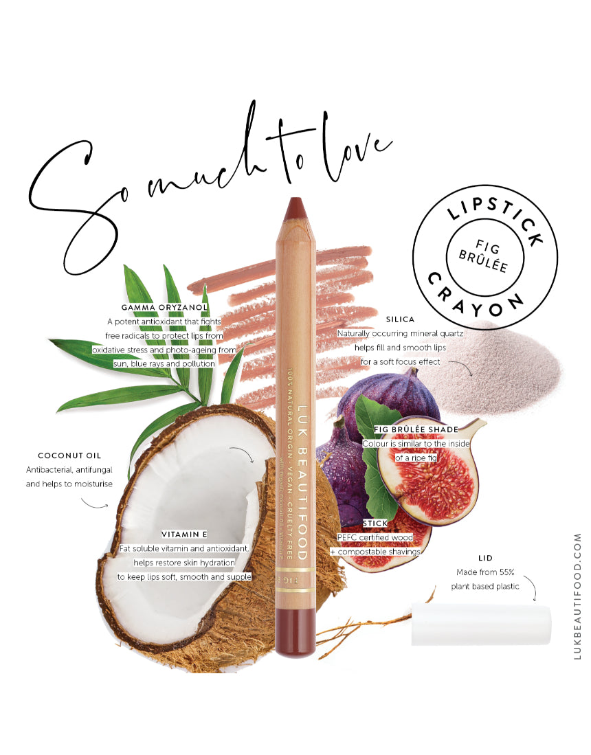Luk Beautifood Natural Lipstick Crayon in Fig Brûlée, showcasing a warm, earthy lipstick shade in a sleek crayon form.