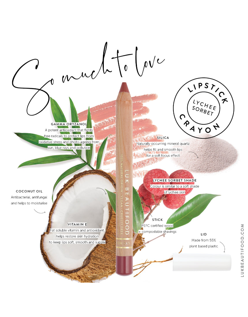 Luk Beautifood Natural Lipstick Crayon in Lychee Sorbet, showing the vibrant pink lipstick with the crayon tip and sleek packaging.