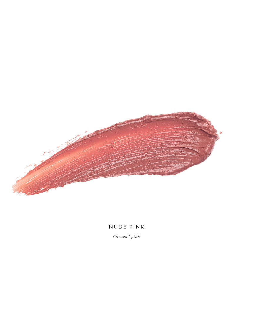 Luk Beautifood Lip Nourish lipstick in Nude Pink, showing a smooth, natural-colored lipstick tube with a close-up of the product.