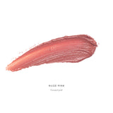 Luk Beautifood Lip Nourish lipstick in Nude Pink, showing a smooth, natural-colored lipstick tube with a close-up of the product.