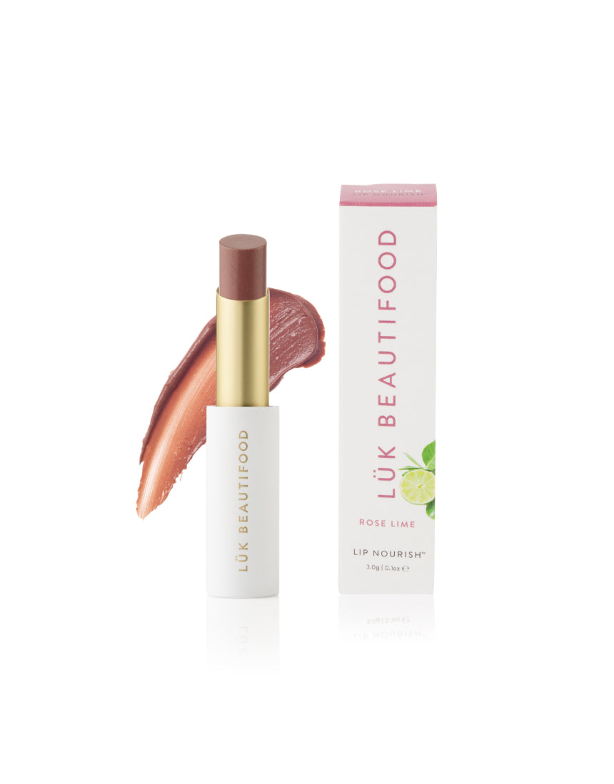 Luk Beautifood Lip Nourish lipstick in Rose Lime shade, featuring a sleek lipstick tube with the product name and rose-colored packaging.