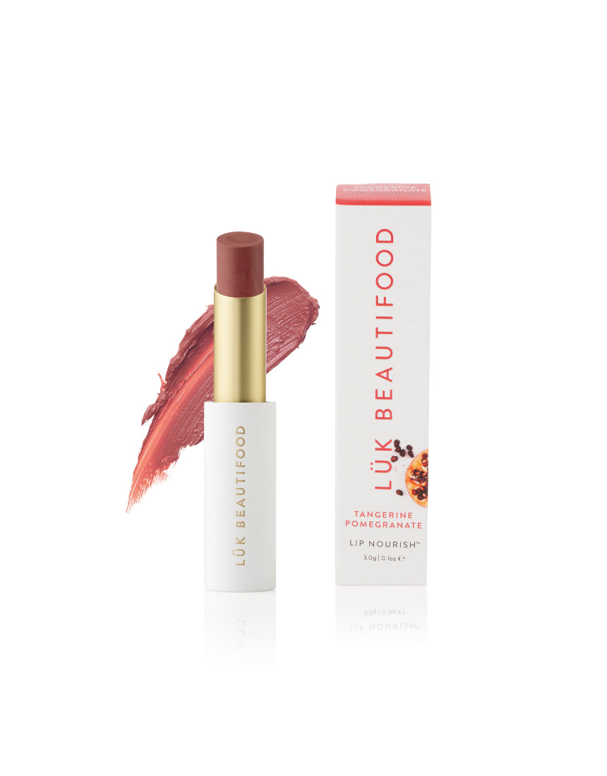 Luk Beautifood Lip Nourish lipstick in Tangerine Pomegranate with vibrant orange and red shades, featuring a sleek lipstick tube.