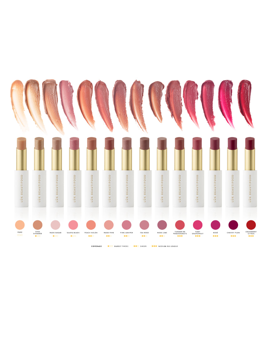 Luk Beautifood Lip Nourish Chai Shimmer lipstick in a warm, shimmering brown shade with a natural finish.