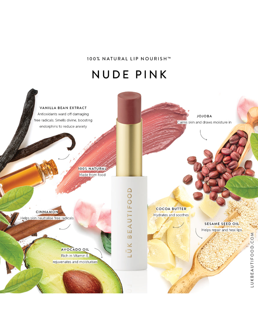 Luk Beautifood Lip Nourish lipstick in Nude Pink shade, with smooth, natural-looking color on the lips.