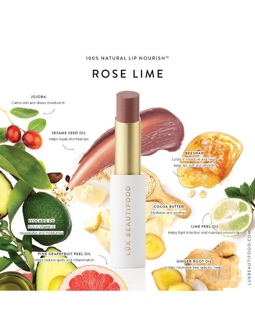 Luk Beautifood Lip Nourish lipstick in Rose Lime shade, showcasing the natural pink and green packaging with the lipstick tube.