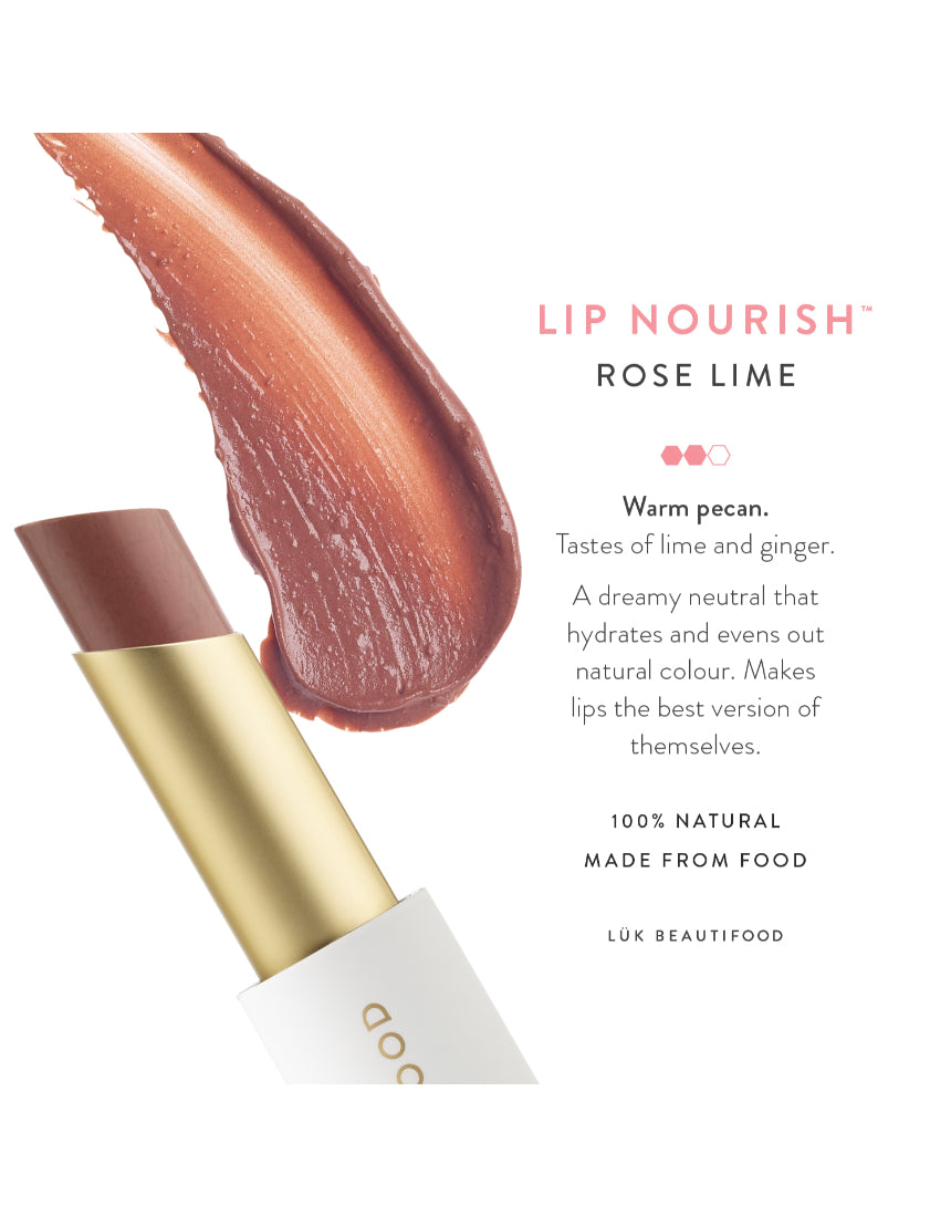 Luk Beautifood Lip Nourish lipstick in Rose Lime shade, showcasing a natural pink lip color with smooth texture and elegant packaging