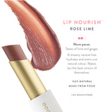 Luk Beautifood Lip Nourish lipstick in Rose Lime shade, showcasing a natural pink lip color with smooth texture and elegant packaging