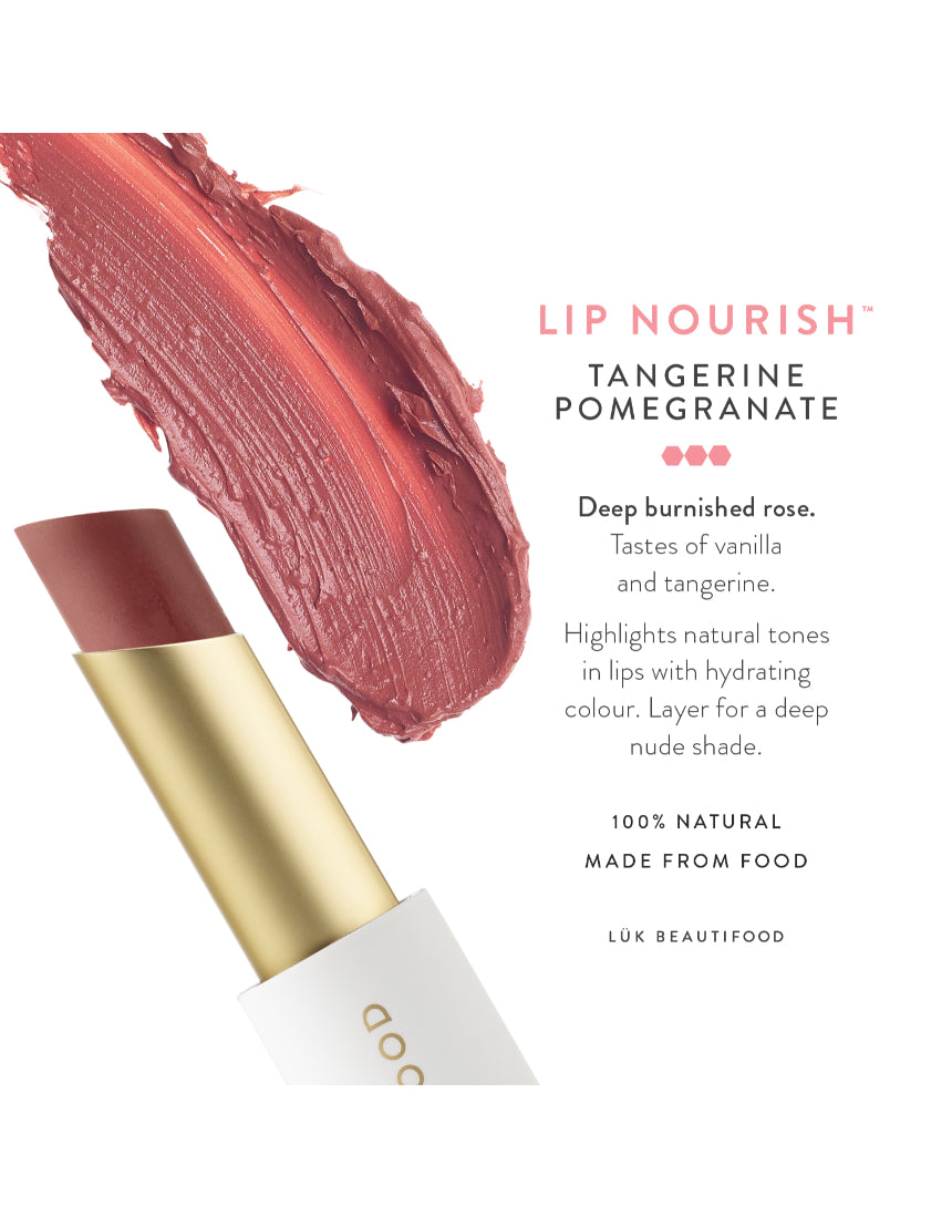 Luk Beautifood Lip Nourish lipstick in Tangerine Pomegranate with vibrant orange and red shades, natural lipstick tube and open cap display.