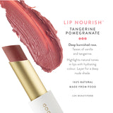 Luk Beautifood Lip Nourish lipstick in Tangerine Pomegranate with vibrant orange and red shades, natural lipstick tube and open cap display.