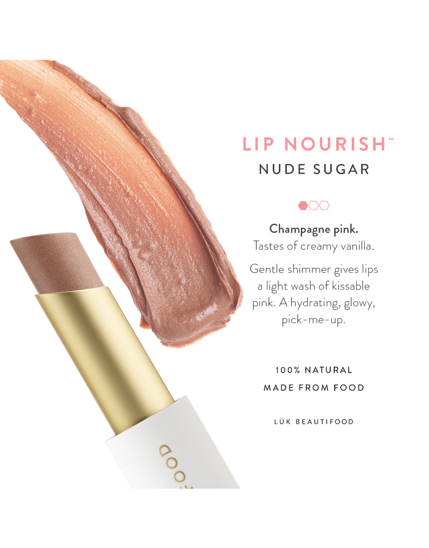 Luk Beautifood Lip Nourish lipstick in Nude Sugar, showing the lipstick tube and swatch of the nude shade on skin.