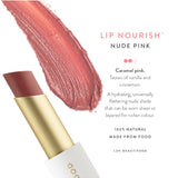 Luk Beautifood Lip Nourish lipstick in Nude Pink, showing the sleek tube and swatch of the soft, natural lip color.