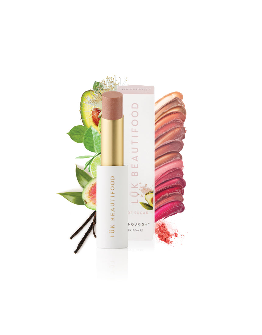 Luk Beautifood Lip Nourish lipstick in Tangerine Pomegranate with swatches showcasing vibrant orange and red shades.