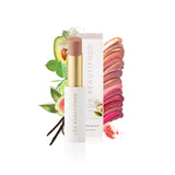 Luk Beautifood Lip Nourish lipstick in Tangerine Pomegranate with swatches showcasing vibrant orange and red shades.