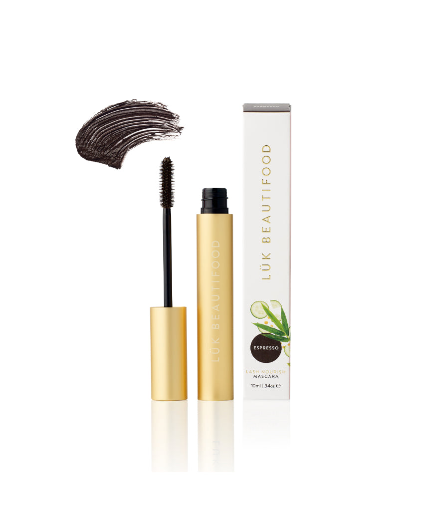 Luk Beautifood Lash Nourish Mascara in Espresso with black brush and packaging, designed to enhance and define eyelashes.