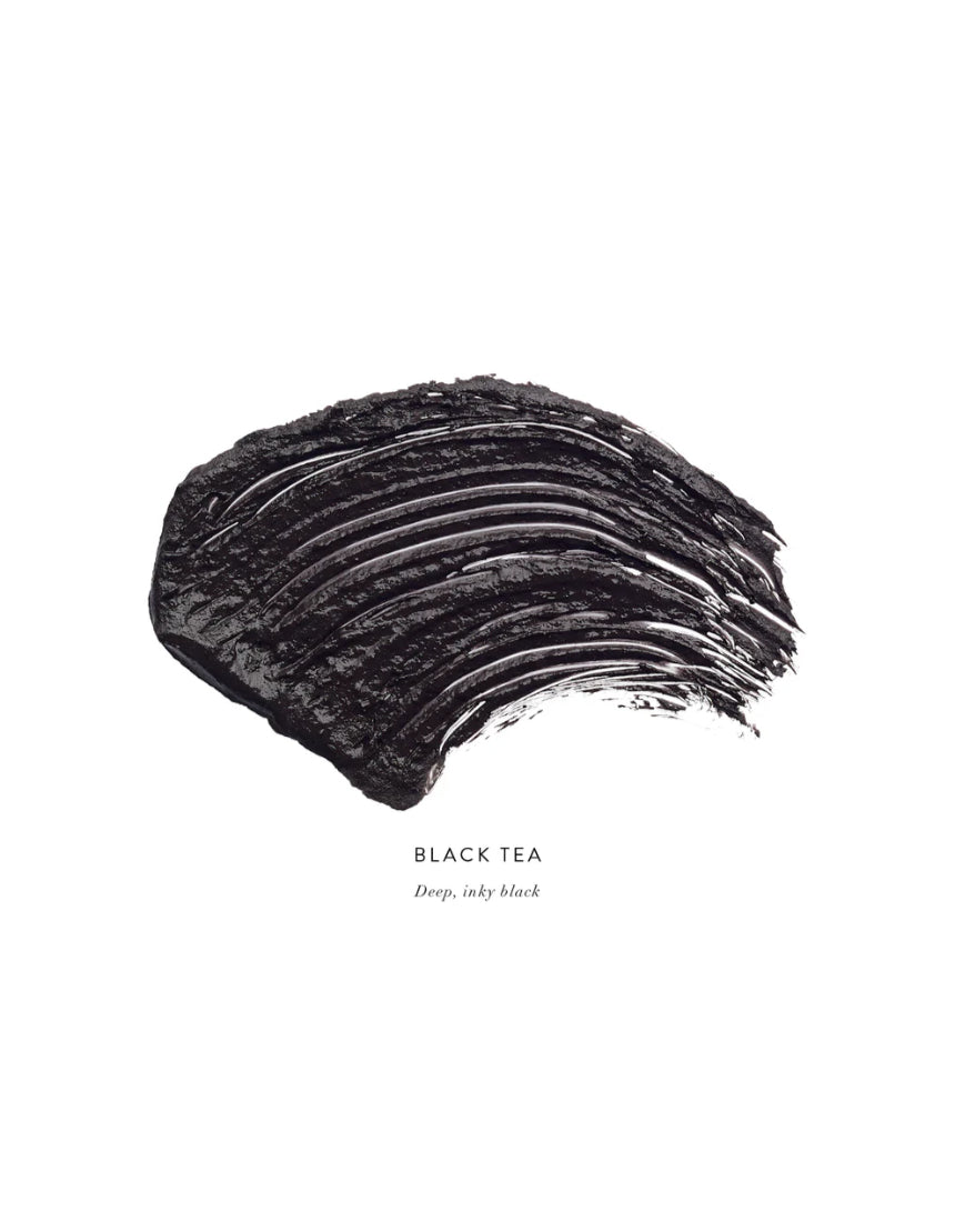 Luk Beautifood Lash Nourish Mascara in Black Tea with brush and swatch showing dark, natural-looking lash enhancement.