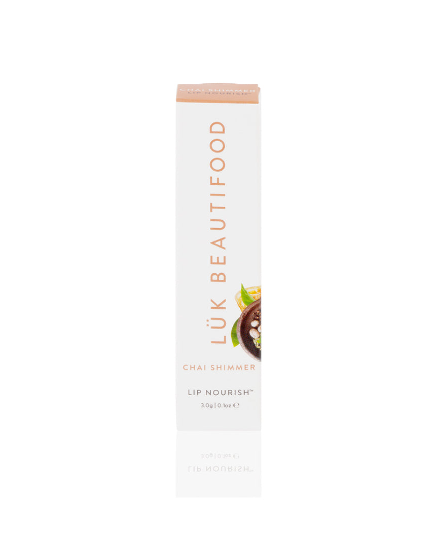 Luk Beautifood Lip Nourish lipstick in Chai Shimmer with warm, shimmering finish and natural lipstick packaging.