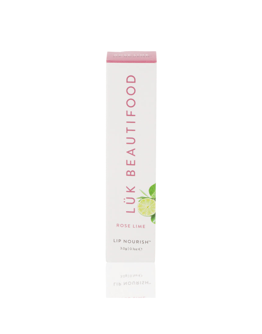 Luk Beautifood Lip Nourish lipstick in Rose Lime shade, showing the sleek packaging and product color.