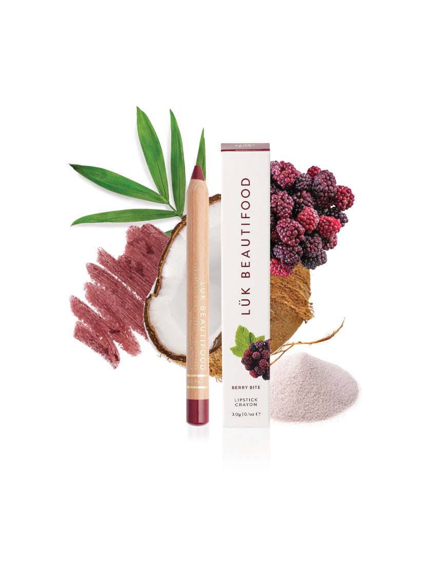 Luk Beautifood Natural Lipstick Crayon in Berry Bite with packaging and ingredients visible.