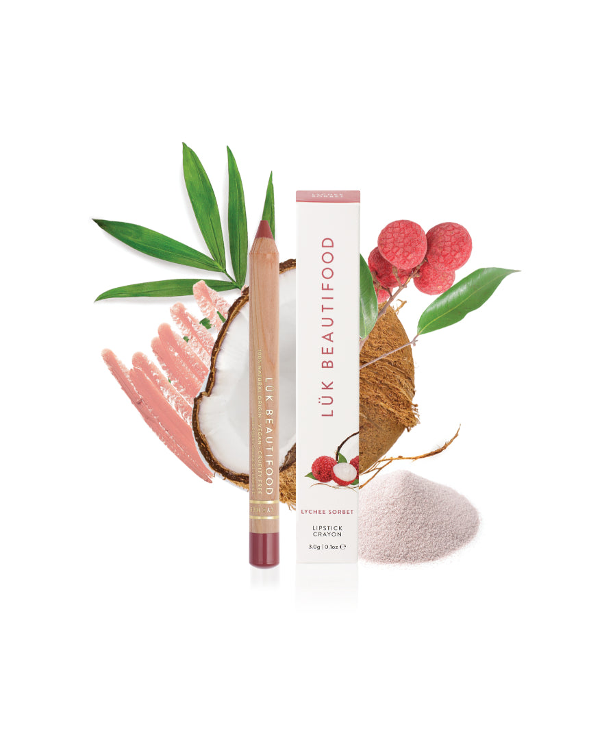 Luk Beautifood natural lipstick crayon in Lychee Sorbet with packaging and ingredient details visible.