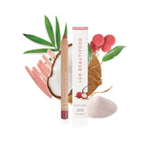 Luk Beautifood natural lipstick crayon in Lychee Sorbet with packaging and ingredient details visible.