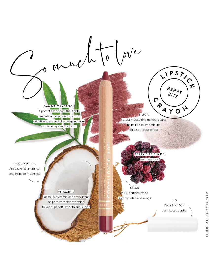 Lük Beautifood Natural Lipstick Crayon in Berry Bite with packaging, showcasing the deep berry-colored lipstick and box.
