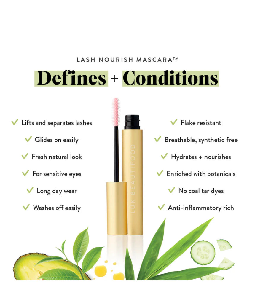 Luk Beautifood Lash Nourish Mascara in Black Tea showing the mascara tube with a sleek black design and product label.