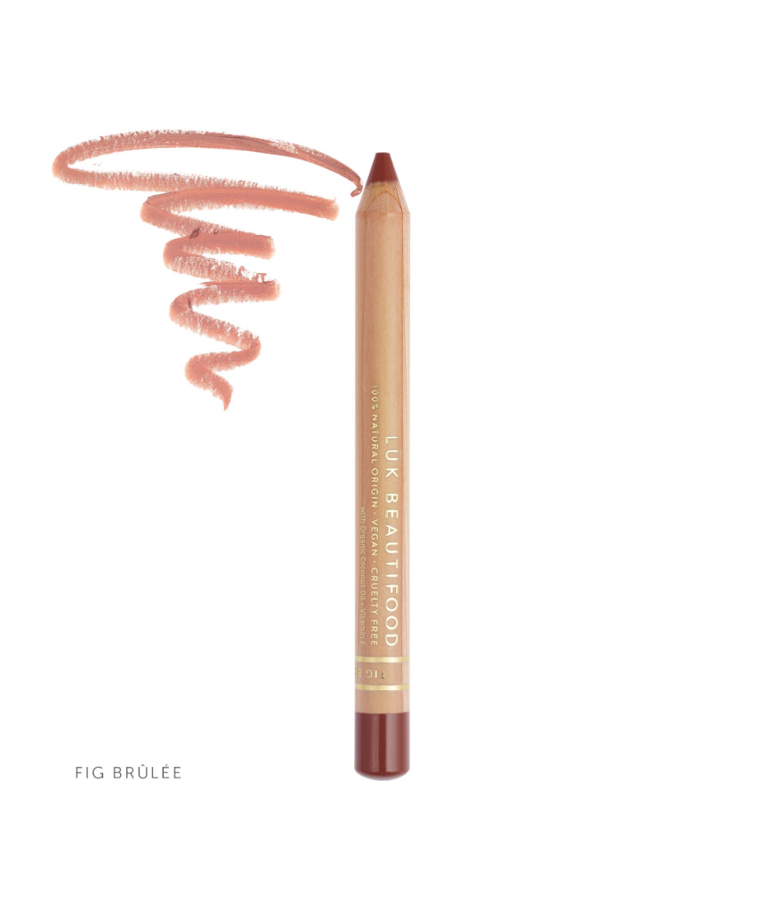 Luk Beautifood Natural Lipstick Crayon in Fig Brûlée, showing the pencil swatch and shade details.