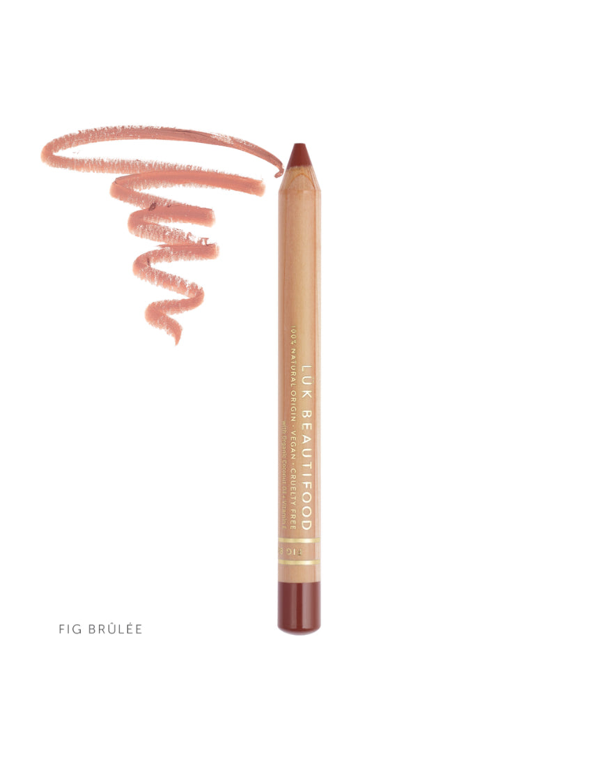 Luk Beautifood Natural Lipstick Crayon in Fig Brûlée, showing the pencil swatch and shade details.