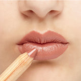 Luk Beautifood Natural Lipstick Crayon in Caramel Kiss applied on lips, showcasing warm nude lipstick color and smooth texture.
