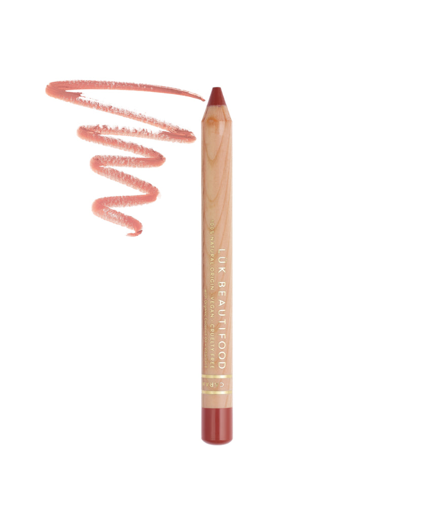 Luk Beautifood Natural Lipstick Crayon in Caramel Kiss, showing the warm caramel shade and the pencil form with swatch.