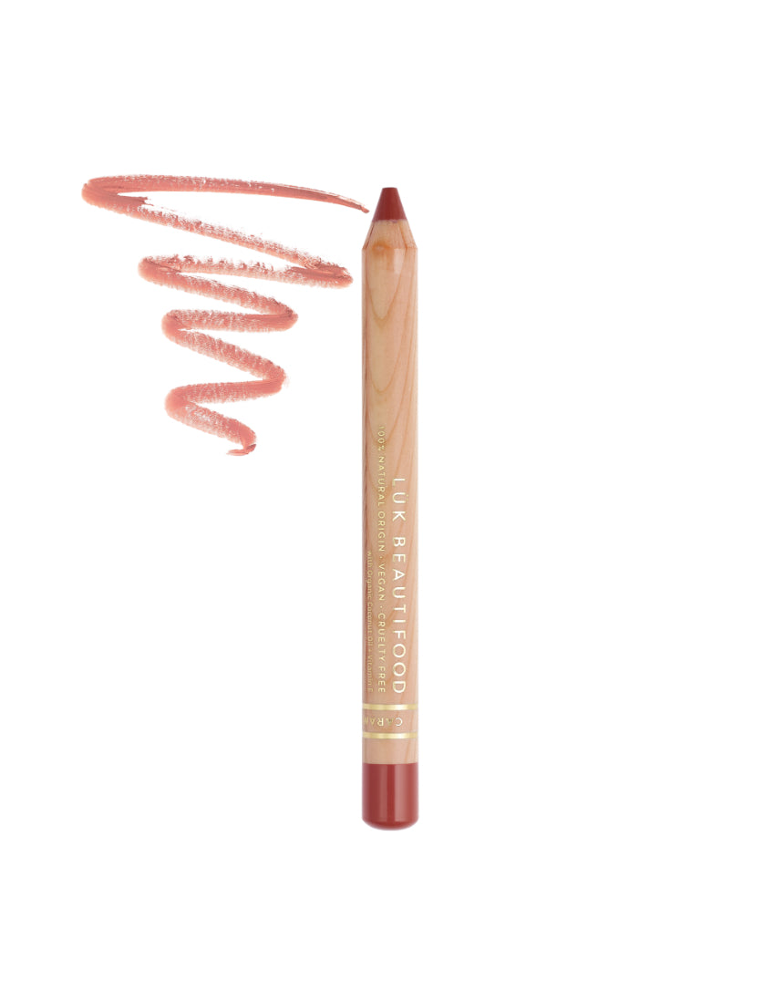 Luk Beautifood Natural Lipstick Crayon in Caramel Kiss, showing the warm caramel shade and the pencil form with swatch.