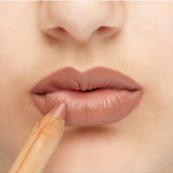 Luk Beautifood Natural Lipstick Crayon in Fig Brûlée applied on lips, showcasing smooth, creamy lipstick texture.