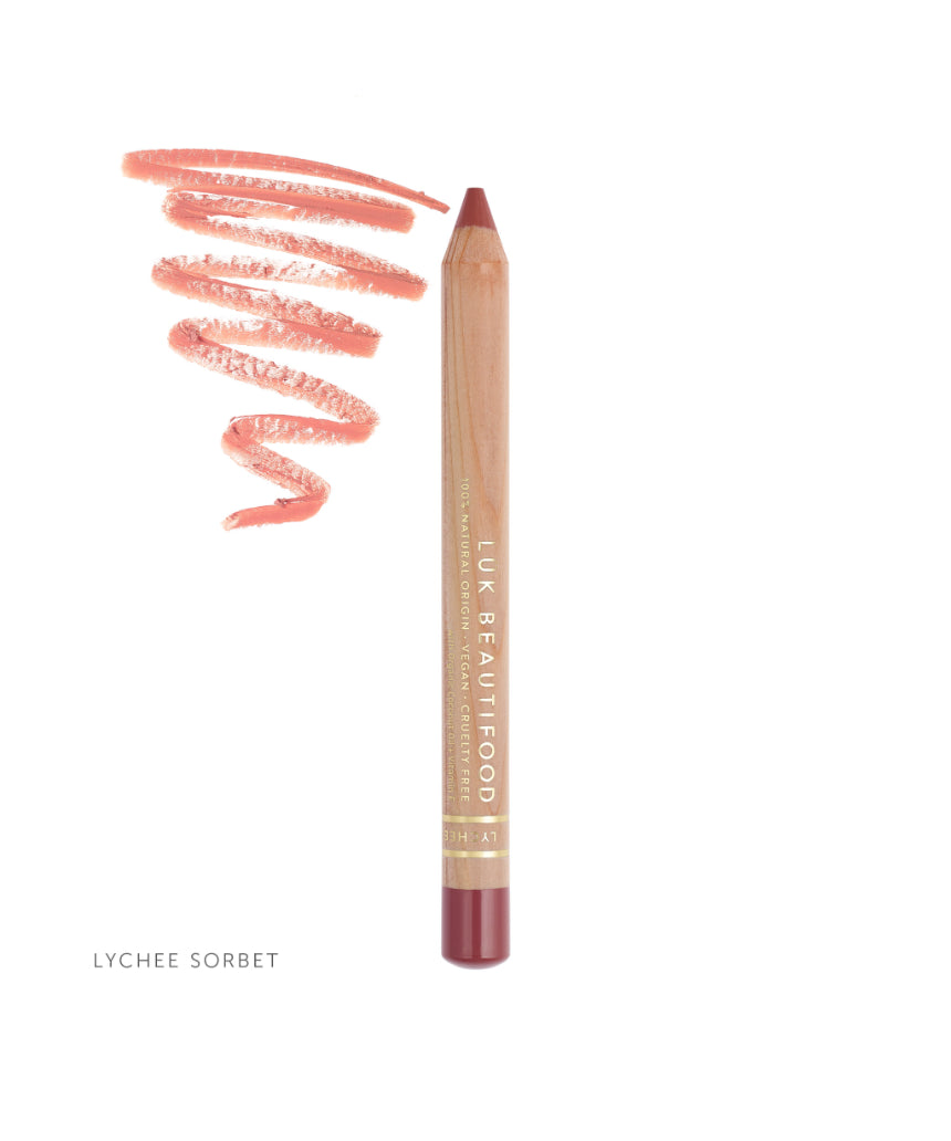 Lük Beautifood Natural Lipstick Crayon in Lychee Sorbet shade with swatch showcasing vibrant pink lipstick pencil.