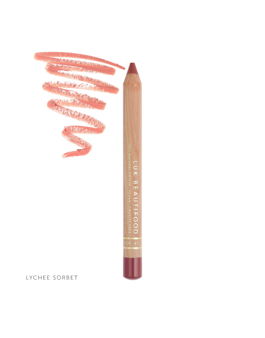 Lük Beautifood Natural Lipstick Crayon in Lychee Sorbet shade with swatch showcasing vibrant pink lipstick pencil.